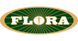 Flora logo with green and gold design on a black background