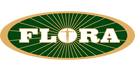 Flora logo with green and gold design on a black background