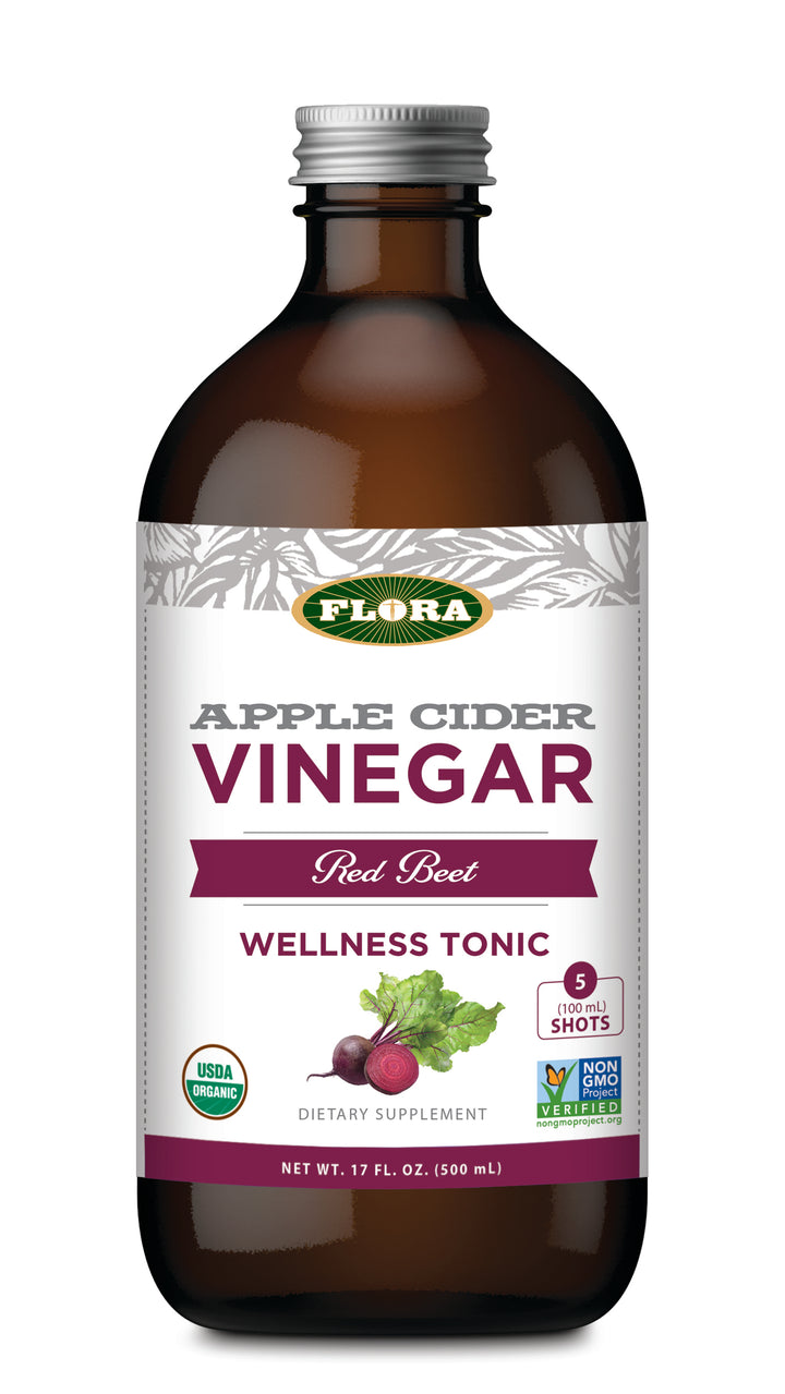 apple cider vinegar with red beet, made organic and non-gmo by Flora Health