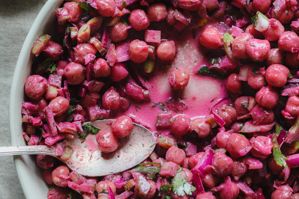 Pink Chickpea Salad with Red Beet Crystals