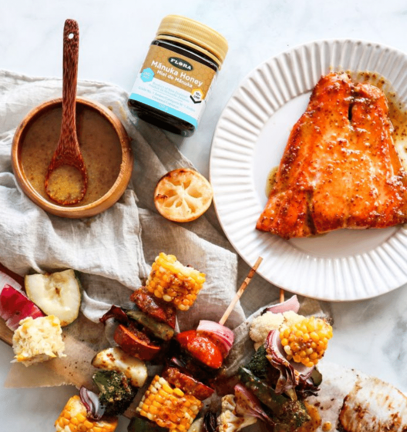 Manuka Glazed Roasted Veggies & Salmon