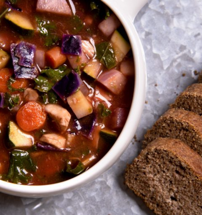 Minestrone Rainbow Soup with Flora Olive Oil & Flax Bread
