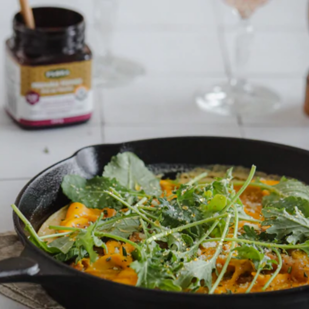 Chickpea ‘Socca’ with Manuka Honey Caramelized Onions and Baby Kale