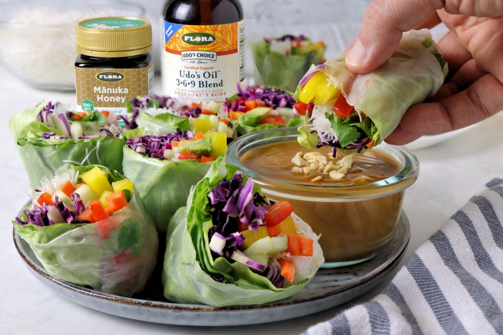 Rainbow Spring Rolls with Peanut Sauce