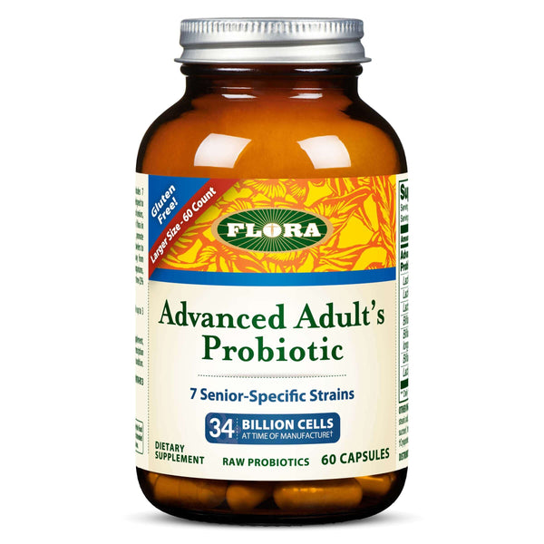 A bottle of Flora Advanced Adult's Probiotic with the label showing it contains 34 billion cells, 7 senior-specific strains, and comes in a capsule form.