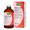 Flora Iron bottle and packaging, featuring information about the product being a liquid iron supplement with B-vitamin complex, non-GMO, vegan, gluten-free, and dairy-free.