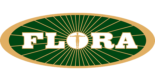 Flora logo with green and gold design on a black background