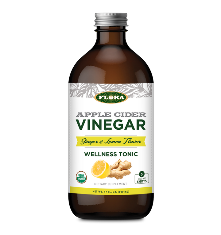 lemon ginger apple cider vinegar wellness tonic, made organic by Flora Health in 500 ml bottle