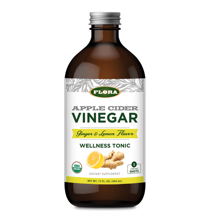 lemon ginger apple cider vinegar wellness tonic, made organic by Flora Health in 500 ml bottle