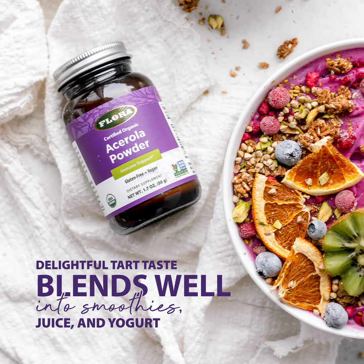 Acerola powder's delightful tart taste blends well into smoothies, juice, and yogurt, pictured with vitamin C rich berry yogurt with fruit and granola