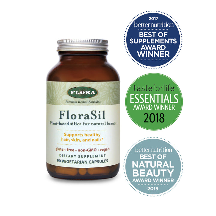 FloraSil vegetarian silica supplement earning 2017 betternutrition Best of Supplements Award, 2018 tasteforlife Essentials Award, and 2019 betternutrition Best of Natural Beauty Award