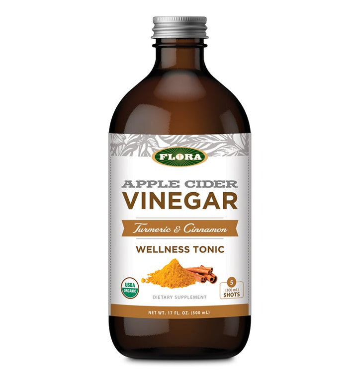 Flora Health's best-selling turmeric cinnamon apple cider vinegar wellness tonic in 500 ml container