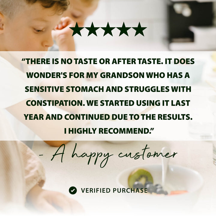 Quote from 5 star review with verified purchase of Flora Children's Probiotic: "There is no taste or after taste. It does wonders for my grandson who has a sensitive stomach and struggles with constipation. We started using it last year and continued due to the results. I highly recommend."