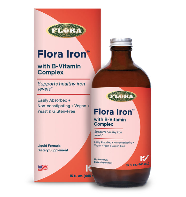 Flora iron supplement with b-vitamin complex in liquid supplement form, vegan and non-constipating iron supplement