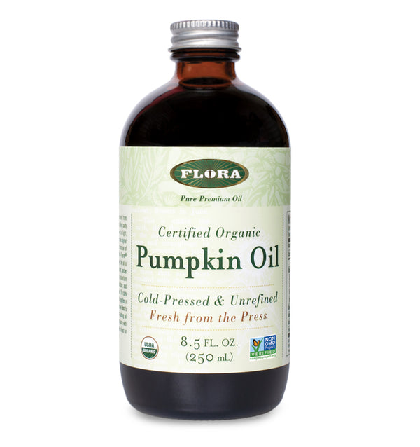 organic pumpkin oil, cold-pressed and unrefined, source of omega 6 and omega 9 fatty acids and chlorophyll, vegan, kosher, non-GMO