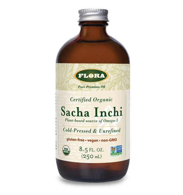 organic sacha inchi oil, cold-pressed, unrefined, Peruvian-sourced, sustainable, ethically harvested, source of omega 3, omega 6 and omega 9 fatty acids, vegan, gluten free, kosher, non GMO