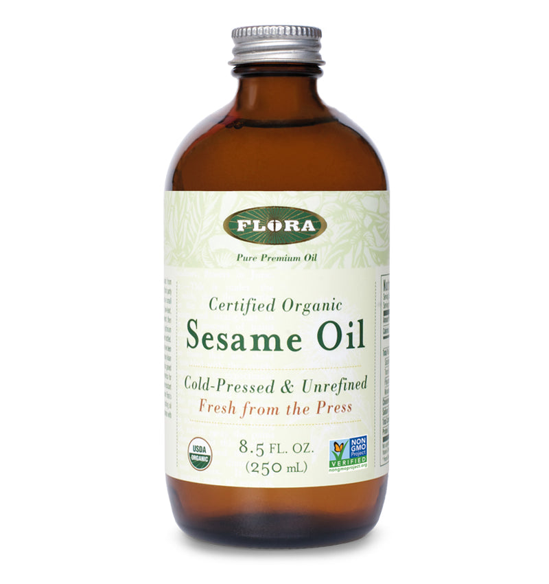 organic cold-pressed sesame oil, source of omega 6 and omega 9 fatty acids, unrefined, vegan, kosher, non GMO