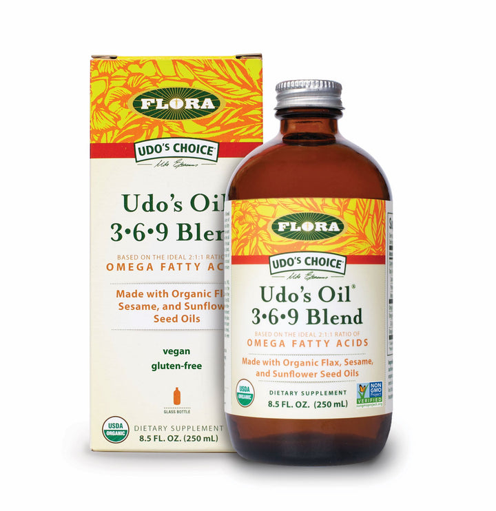 Udo's Oil, plant-based, blend of omega-3 and omega-6 fatty acids, seed oils from flax, sunflower, sesame and evening primrose, non GMO, organic, vegan