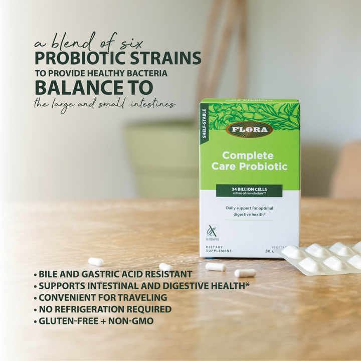 Flora Complete Care Priobiotics are bile and gastric acid resistant, with no refrigeration required, gluten-free and non-gmo and convenient for traveling, with six probiotic strains supporting intestinal and digestive health