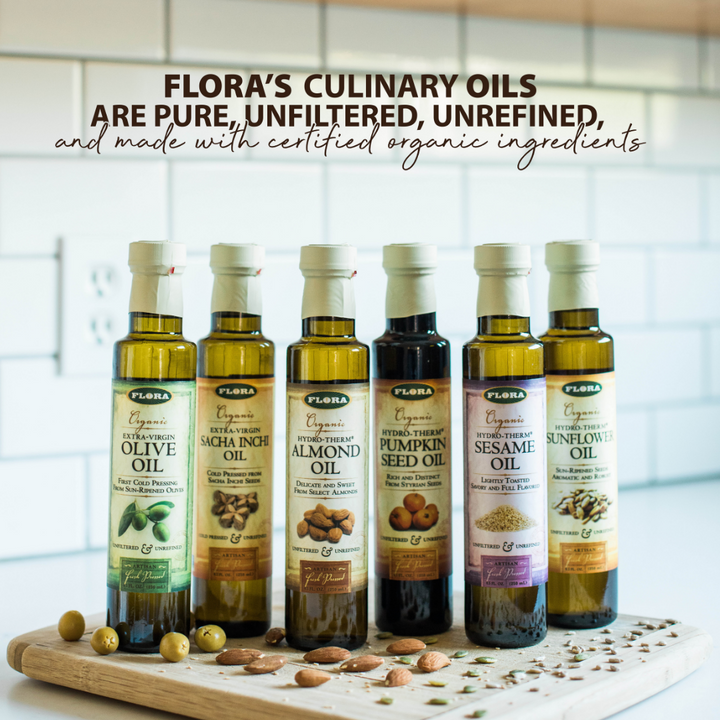 extra virgin oil of six organic varieties: olive oil, sacha inchi oil, almond oil, pumpkin seed oil, sesame oil, and sunflower oil