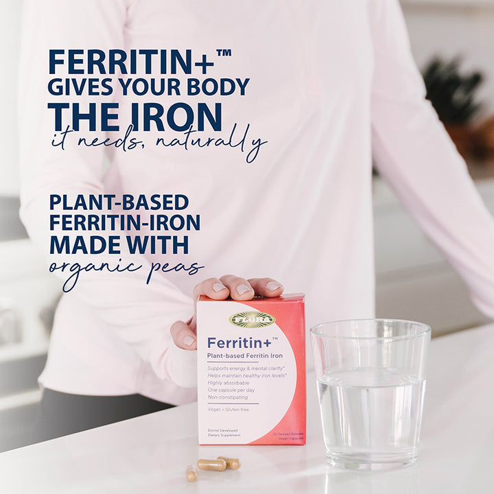 Ferritin+ gives your body the iron it needs, naturally. Plant-based ferritin-iron made with organic peas, vegan and gluten-free capsules to be taken with water